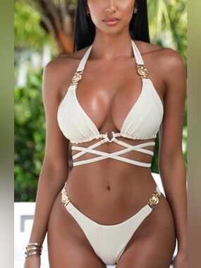 Bikini Crush Vanessa Top (Size S) and Vanessa Bottom (Size M), Vanilla Ribbed